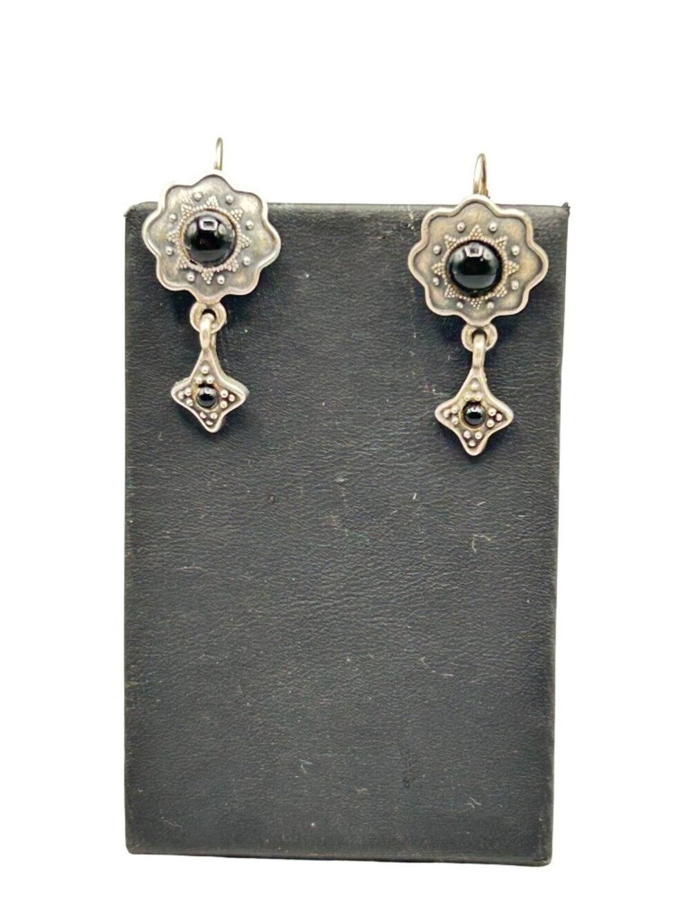 Vintage Dangle Earrings Lever Back Silver Tone Dangles Black Glass Cabochons